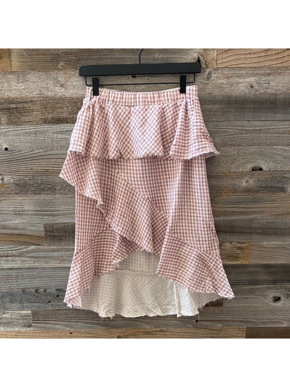 Moon River Red Gingham Ruffle Raw Hem High Low Skirt Medium NWT